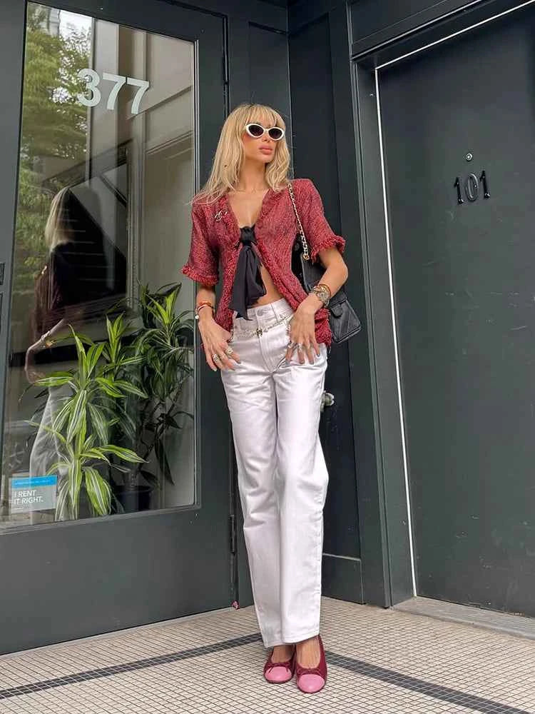 HFWomenfz vintage red blouse with fringe detailing, stylish and comfortable summer top from the Blusas and Camisas collection.