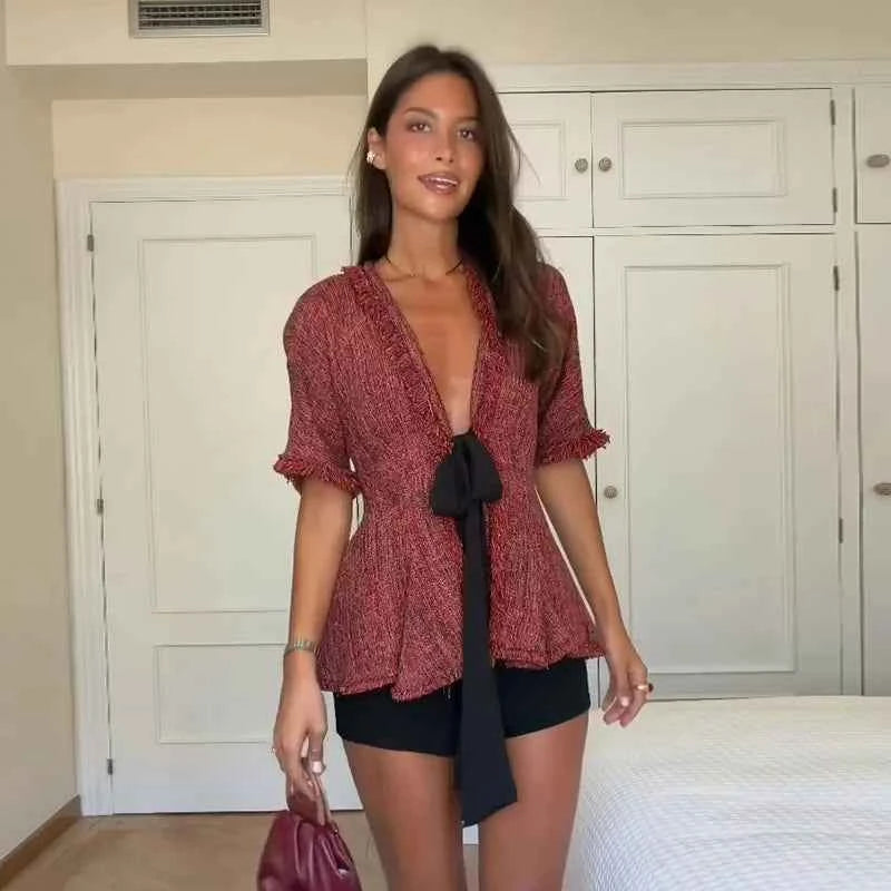 Hfwomenfz vintage red blouse with fringe details, lightweight and stylish for summer 2026, featuring elegant design and comfortable fit.