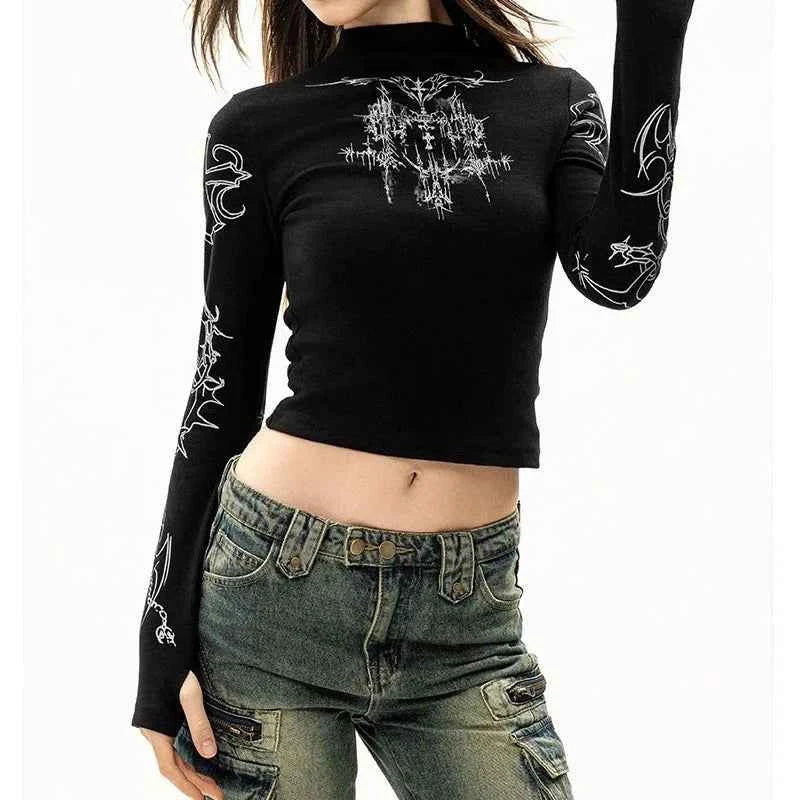 Black Y2K grunge and emo punk style women's high-neck graphic T-shirt by HIZILENT, featuring bold graphic design.