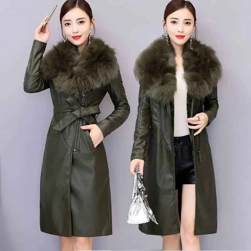 Long caramel-colored synthetic leather collar winter coat for women, stylish Korean-style oversized jacket.