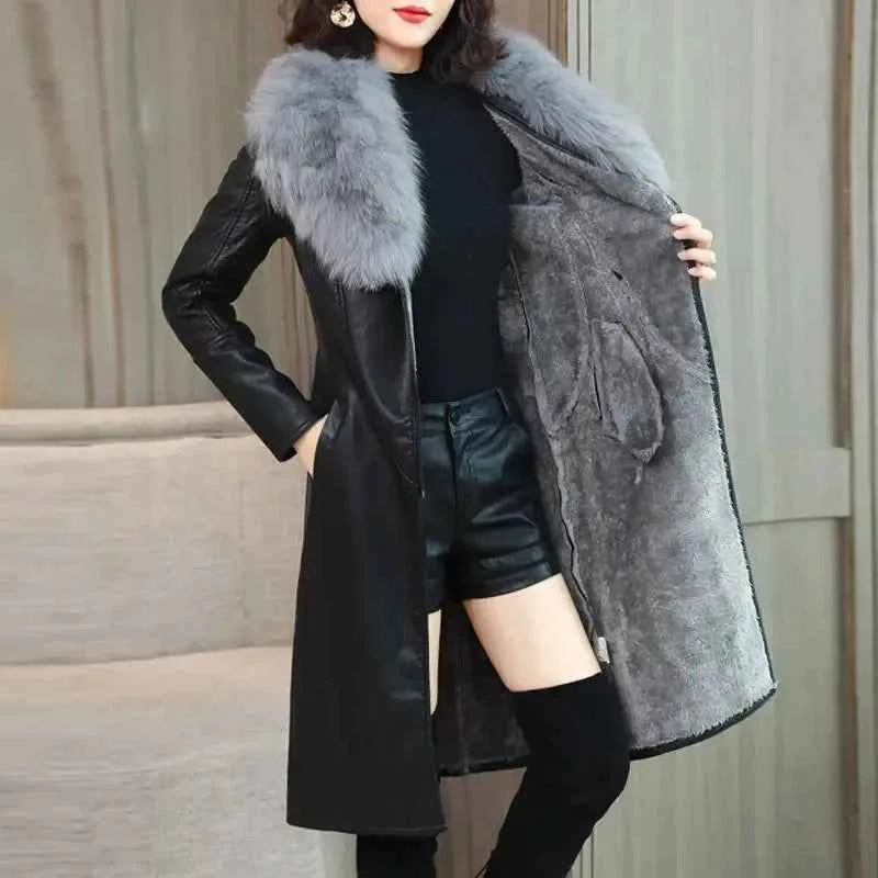 Long caramel-colored synthetic leather jacket for women with a high collar, stylish winter coat, by IOQRCJV.
