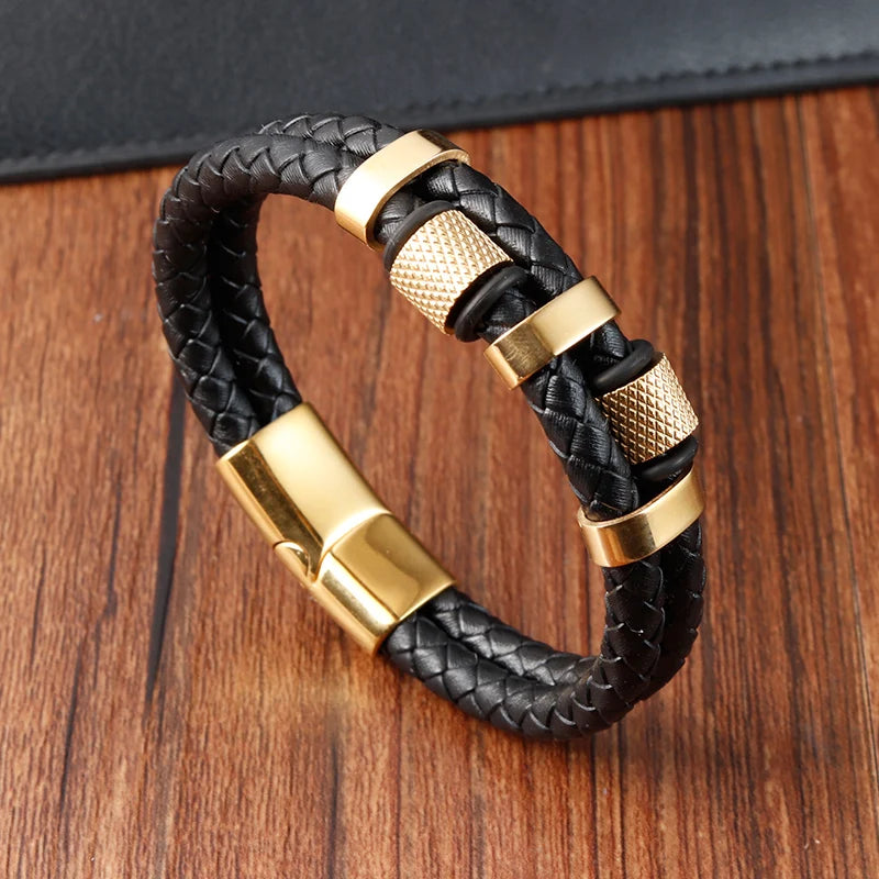 Trenzada hombre pulsera de cuero y acero magnético de la marca JIAYUPENG, de 22-21 cm, con diseño elegante y resistente.