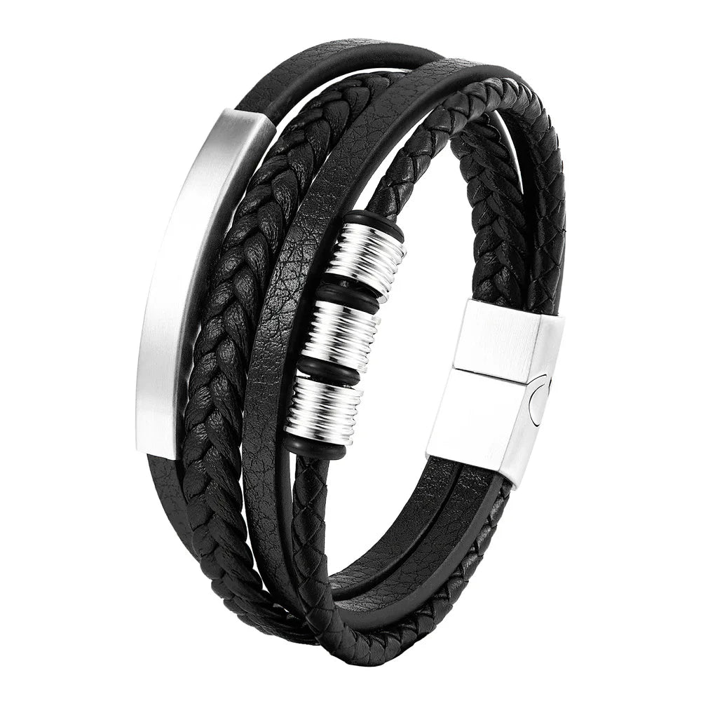 Trenzada cuero y acero magnético pulsera para hombre de la marca JIAYUPENG, ajustable de 22 a 21 cm