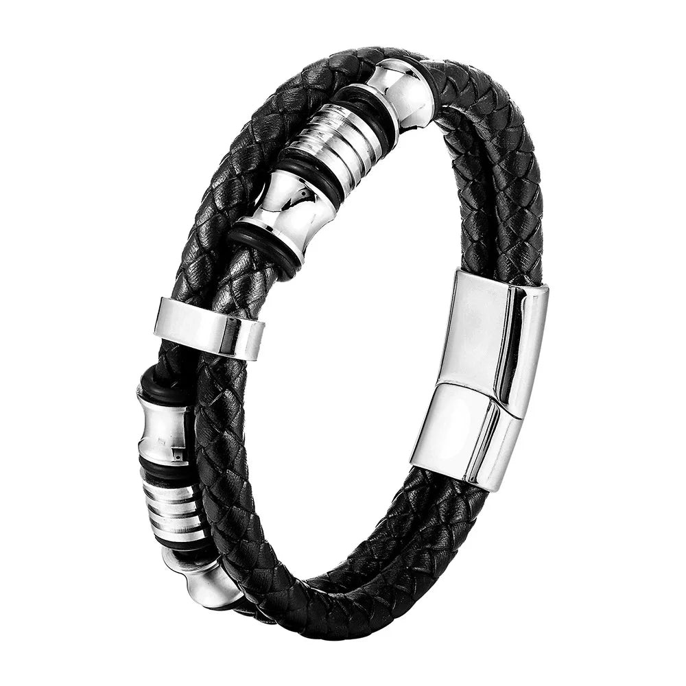 Leather and stainless steel braided men's bracelet by JIAYUPENG with magnetic clasp, 22-21 cm length, stylish jewelry accessory.