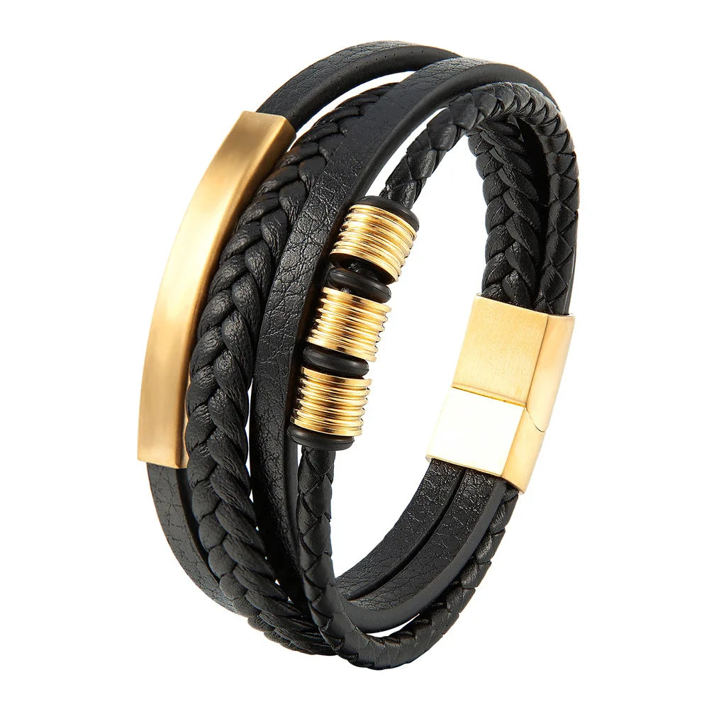 Trenzada de cuero y acero magnético, pulsera para hombre de la marca JIAYUPENG, con diseño robusto y elegante.