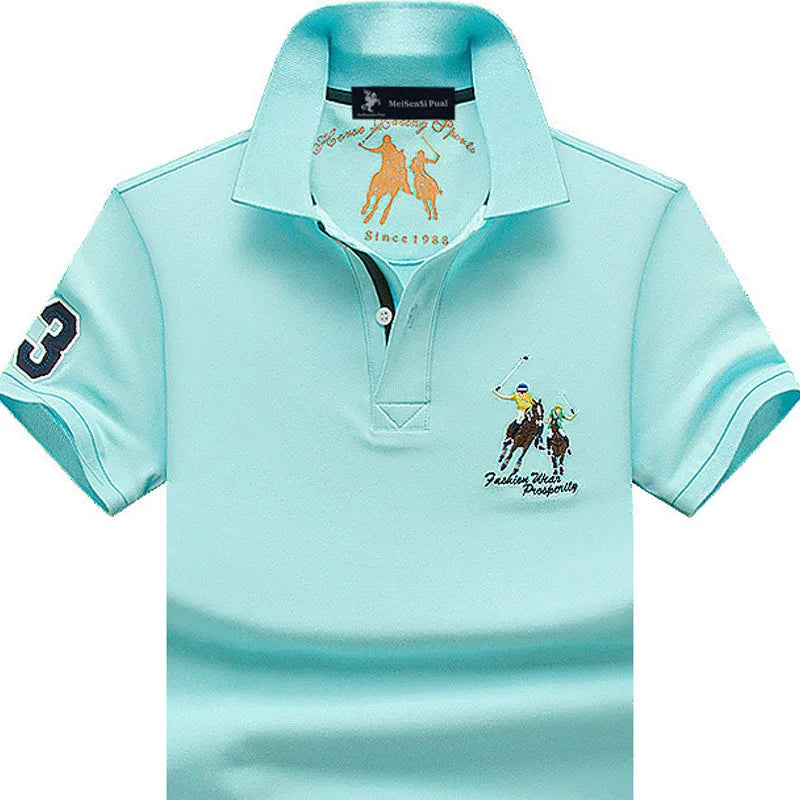 Light blue men's cotton polo shirt by JOYSWAMM, oversized casual summer polo with embroidered details and classic fit.