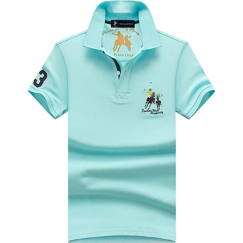 Light blue men's cotton polo shirt with embroidered design, oversized fit, casual summer style by JOYSWAMM.