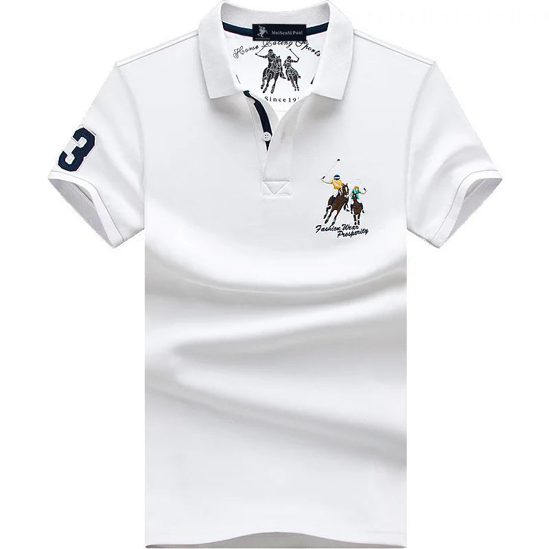 Light blue men's cotton polo shirt with embroidered design, oversized fit, casual summer style by JOYSWAMM.