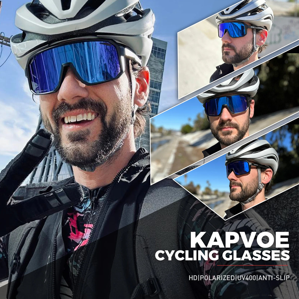 Kapvoe men's polarized sports cycling sunglasses with UV400 protection, MTB frame, suitable for myopia, outdoor biking gear