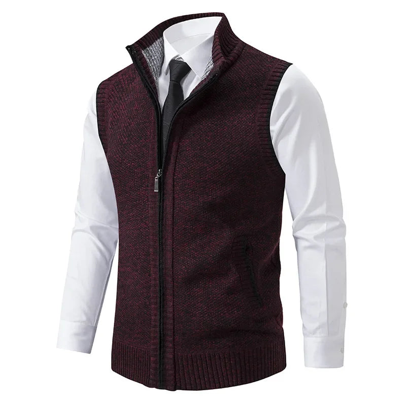 King Billion men's knit zip-up vest in wine color, warm and casual, made of soft knit fabric, suitable for layering and outdoor wear.