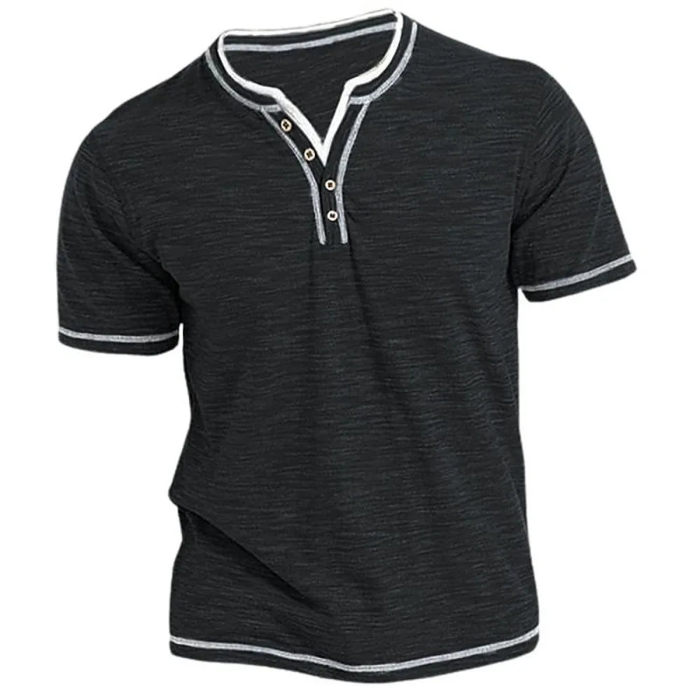 Black King Billion men's Henley V-neck short-sleeve T-shirt with a slim, stretchy fit, made of comfortable, fitted elastic fabric.