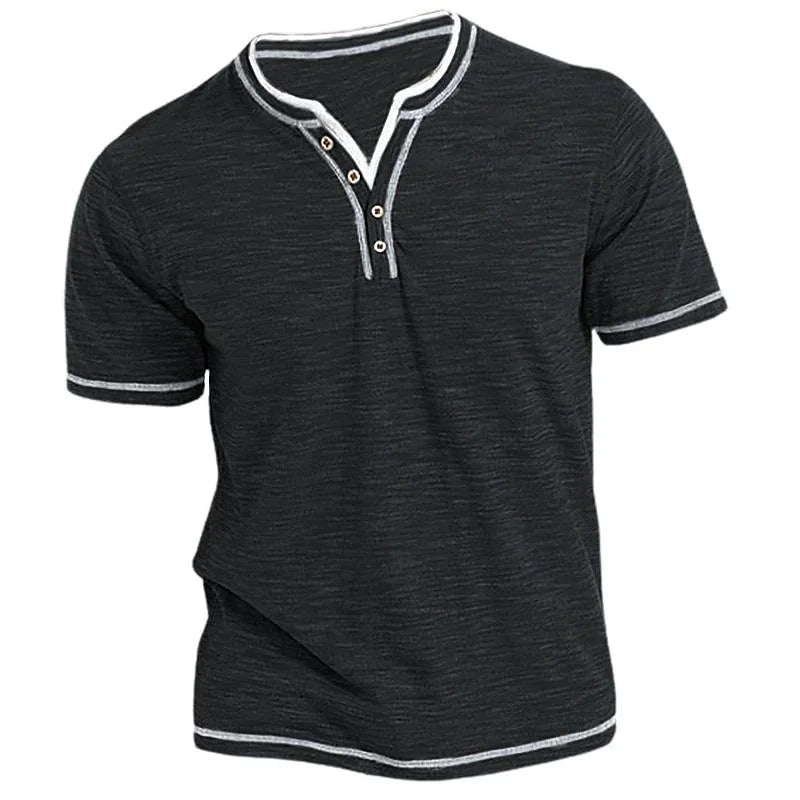 Black King Billion men's Henley V-neck short-sleeve T-shirt, slim fit, elastic fabric, casual men's clothing.
