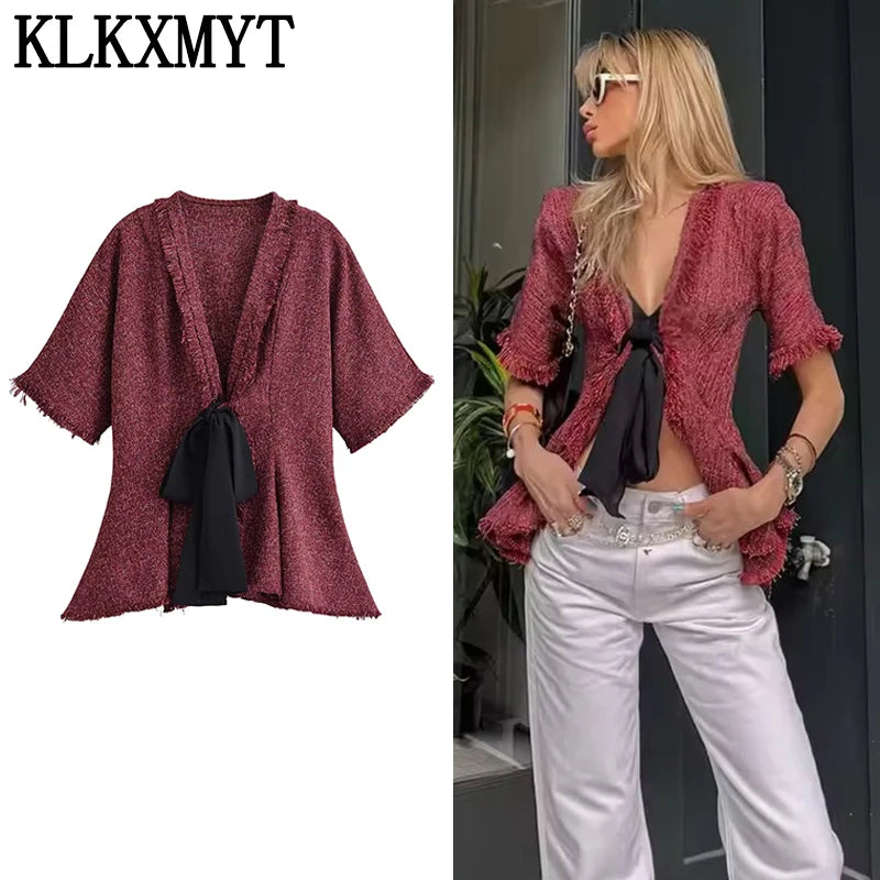 KLKXMYT women's V-neck blouse with tie cords and ruffle details, perfect for chic summer fashion.