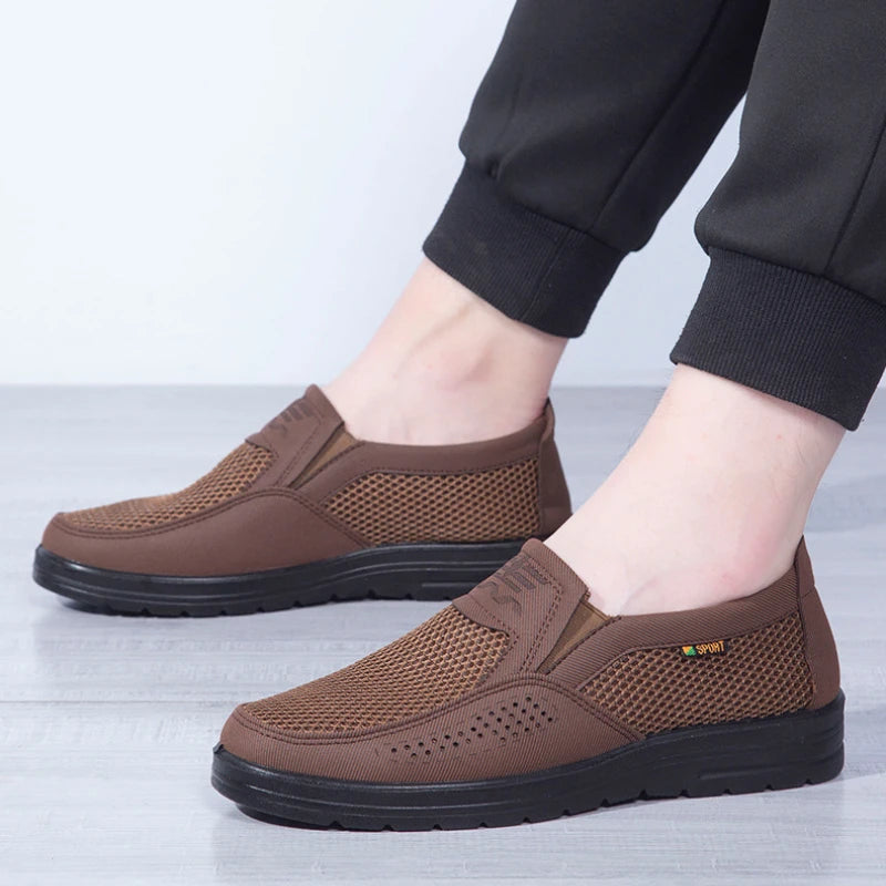 LEDP men's summer loafers in khaki with breathable mesh, casual lightweight design, available in sizes 38-48.