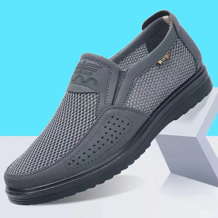 LEDP men's khaki summer moccasins with breathable mesh, lightweight casual shoes in size 47, perfect for warm weather.