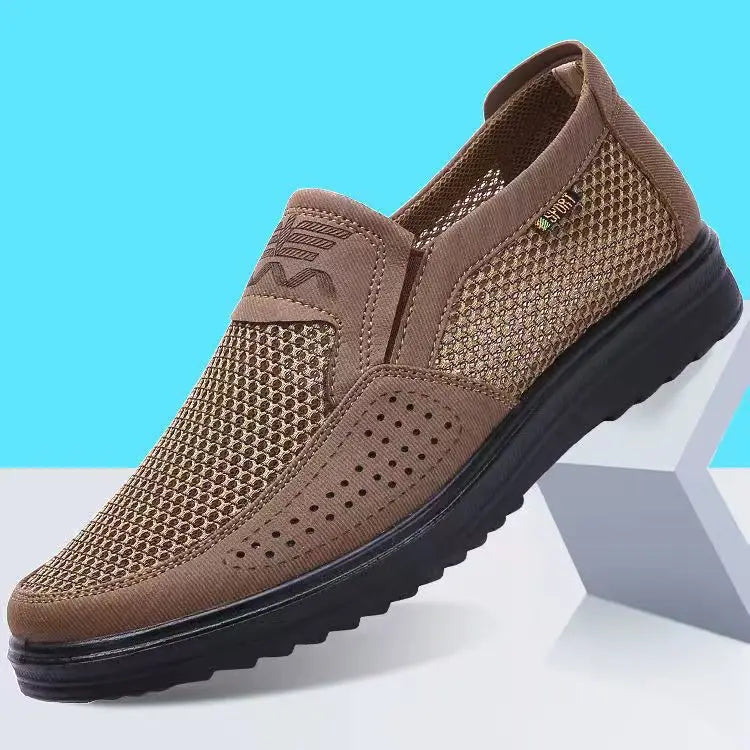 LEDP men's summer loafers in khaki with breathable mesh, casual lightweight design, available in size 38-48.