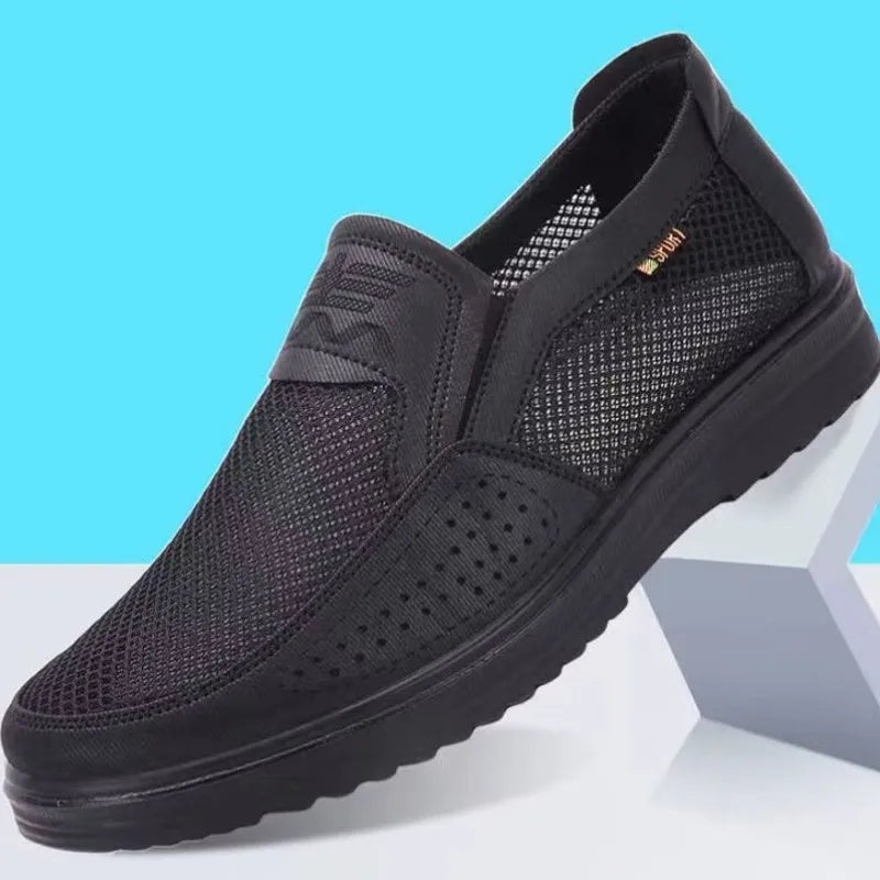 LEDP men's summer moccasins in khaki with breathable mesh, lightweight casual shoes, available in size 47.