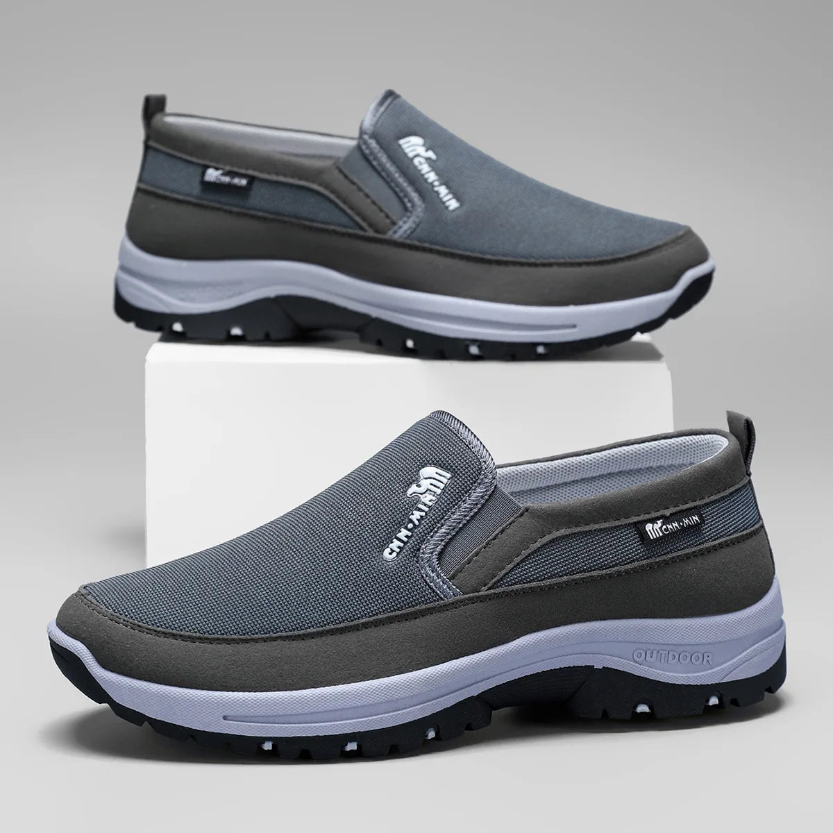 Gray LEDP men's classic moccasins with lightweight design and anti-slip soles, casual footwear for comfortable everyday wear.