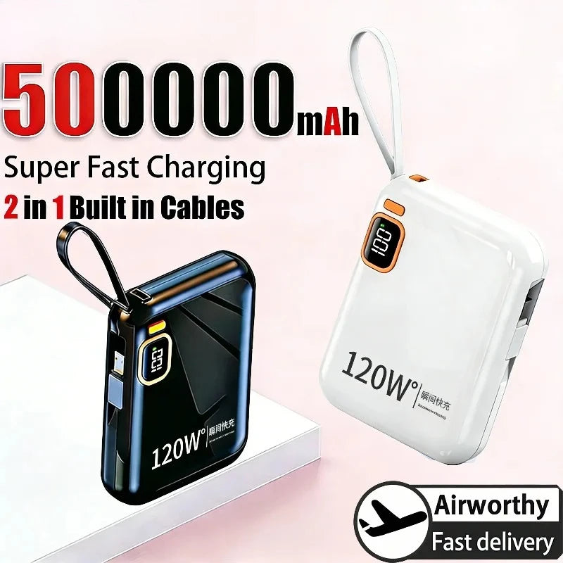 Lenovo 120W 50000mAh portable power bank with fast charging, 2-in-1 electronic accessory in black, for smartphones and devices.