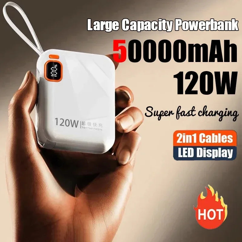 Lenovo 120W 50000mAh portable power bank with fast charging, black 2-in-1 electronic accessory for charging devices on the go.