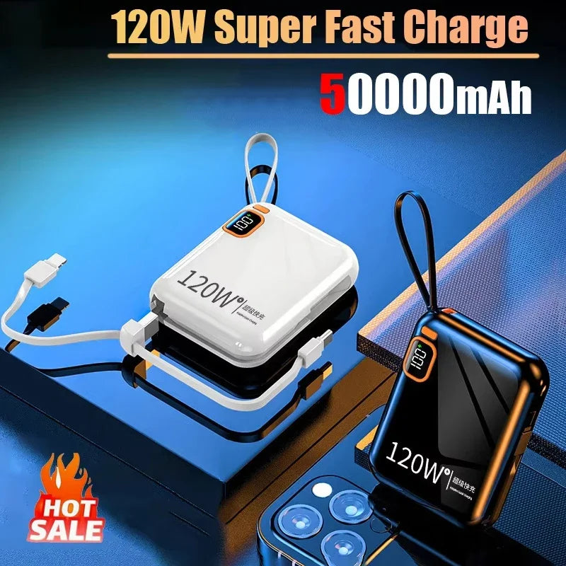 Lenovo 120W 50000mAh power bank with fast charge, portable 2-in-1 electronic accessory, black compact design