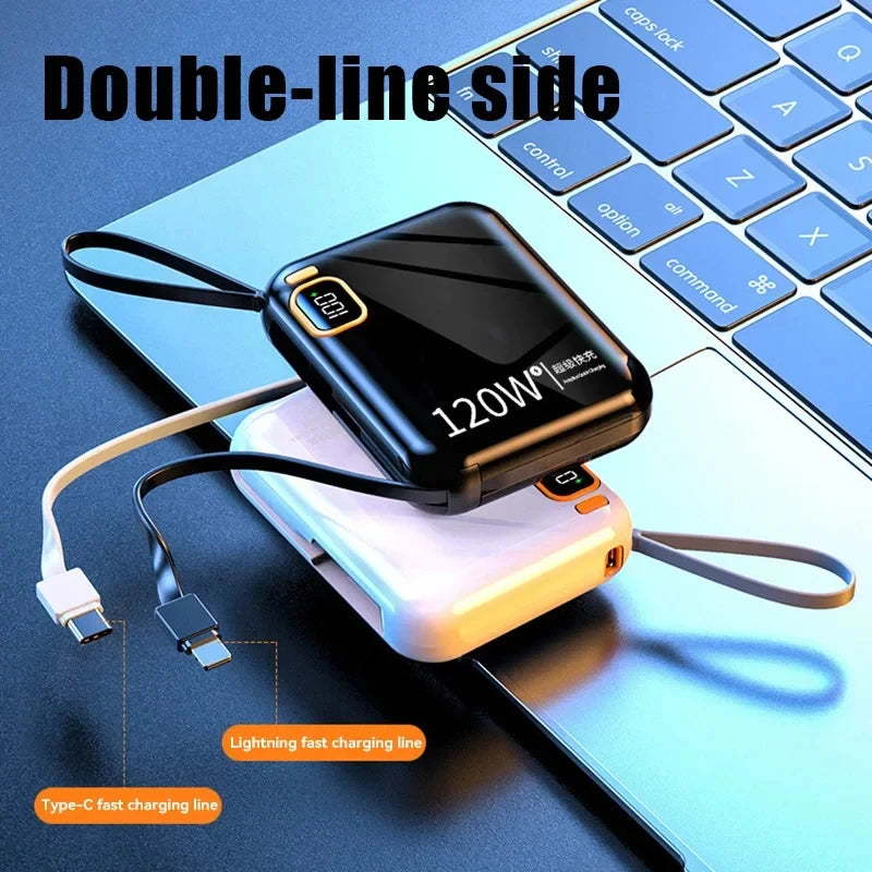 Lenovo 120W 50000mAh portable power bank with fast charging and 2-in-1 design, black electronic accessory for charging devices.