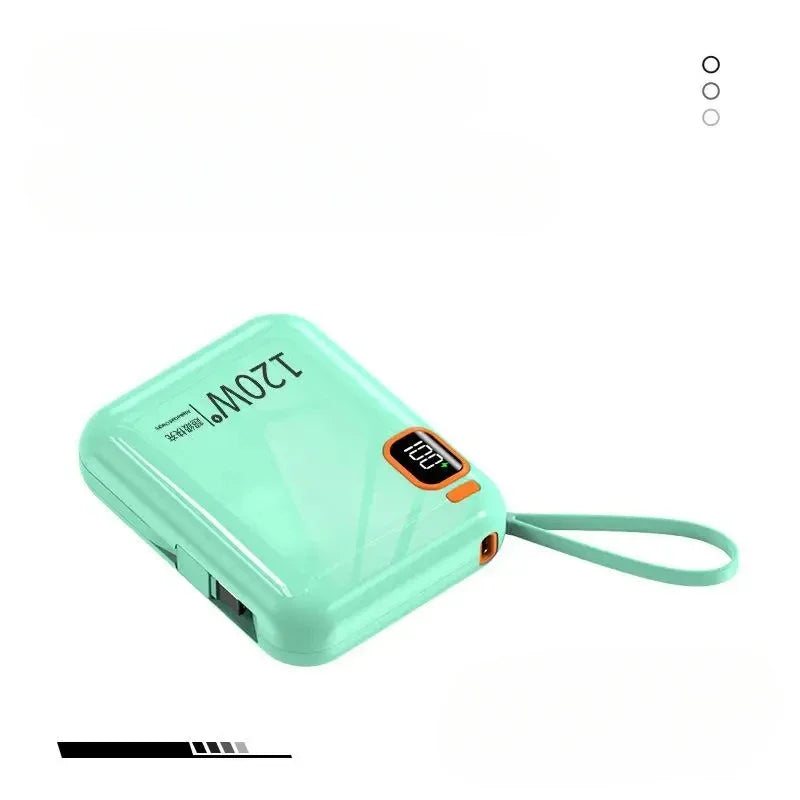 Lenovo 120W 50000mAh portable power bank with fast charging, black compact design, 2-in-1 electronic accessory for devices.
