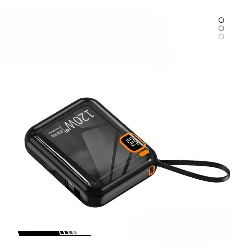Lenovo 120W 50000mAh portable power bank with fast charging, black, 2-in-1 electronic accessory for smartphones and devices.