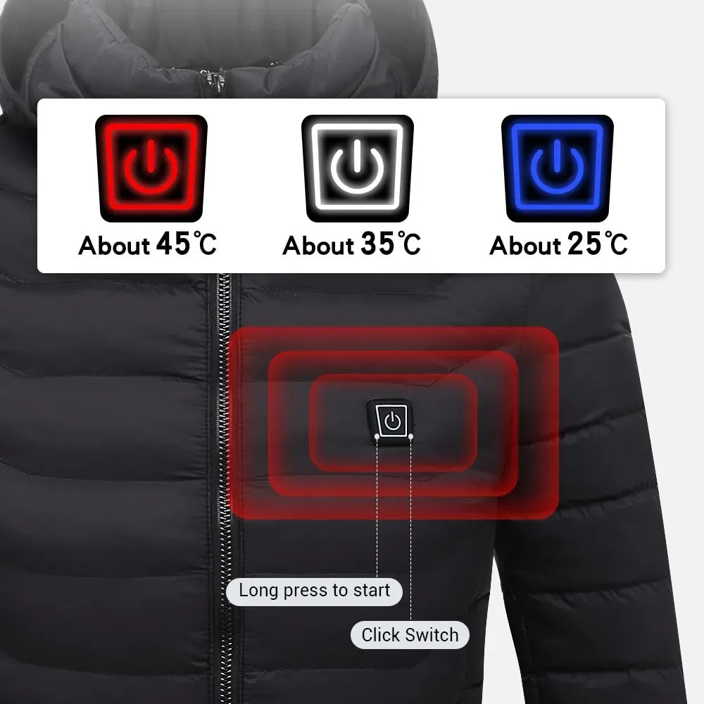 Black LEOSOXS heated jacket with 21 heating zones, USB-powered, designed for men and women, winter thermal outdoor clothing.