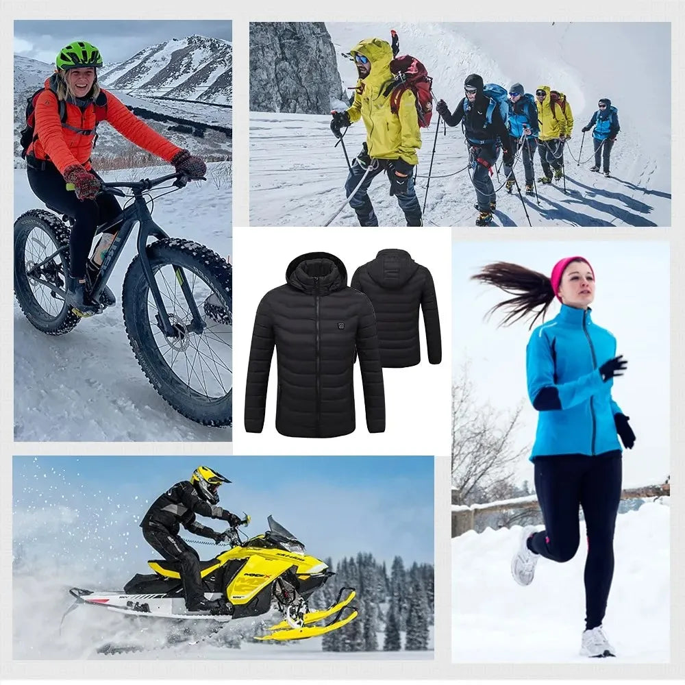 Black LEOSOXS heated jacket with 21-zone thermal heating, designed for men and women, featuring USB-powered warmth for winter.
