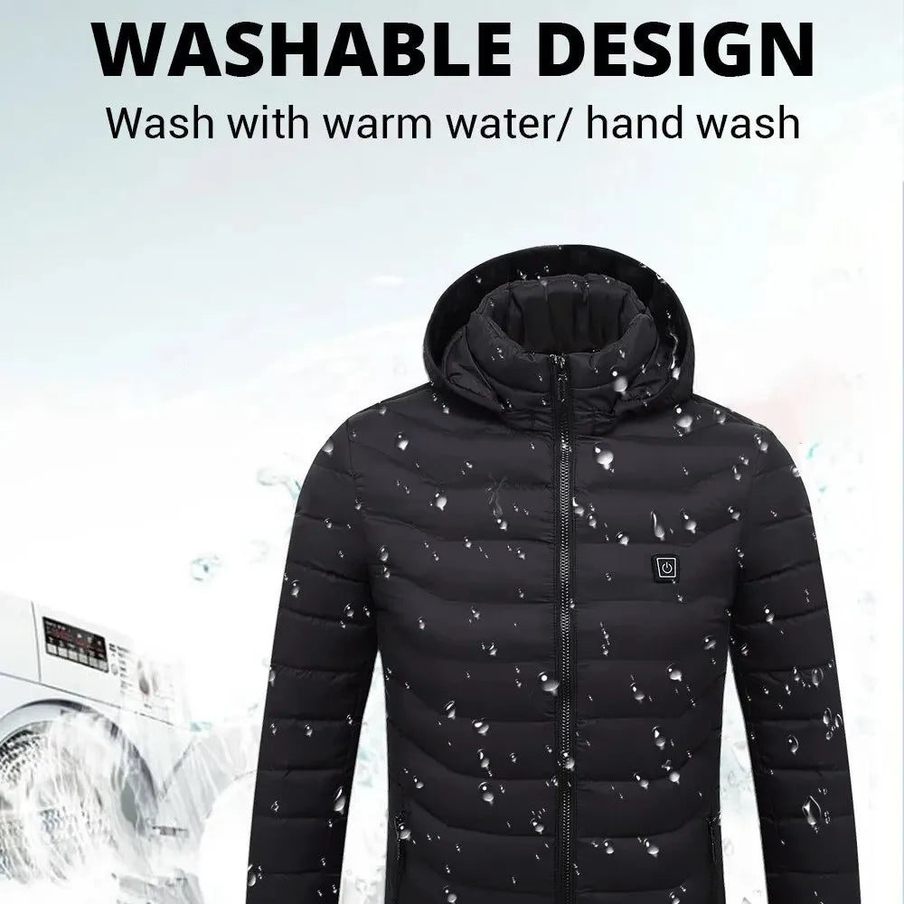 Black LEOSOXS heated jacket with 21 zones for men and women, featuring USB heating and thermal winter insulation.