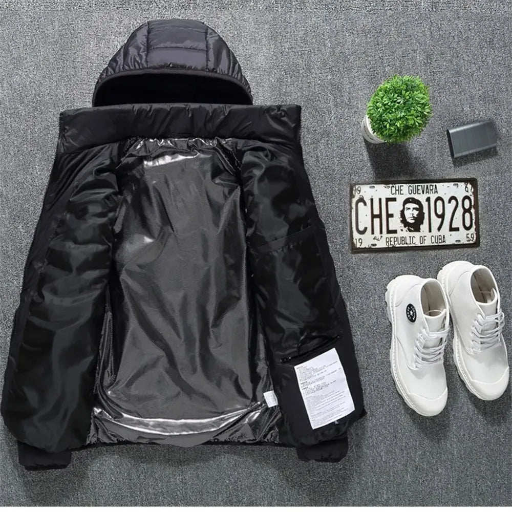 Black LEOSOXS heated jacket with 21 heating zones, designed for men and women, featuring thermal insulation and USB power.