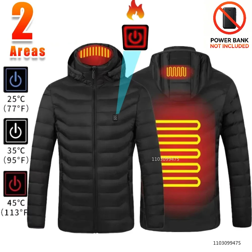 Black LEOSOXS heated jacket with 21 heating zones for men and women, featuring thermal insulation and USB-powered heating.