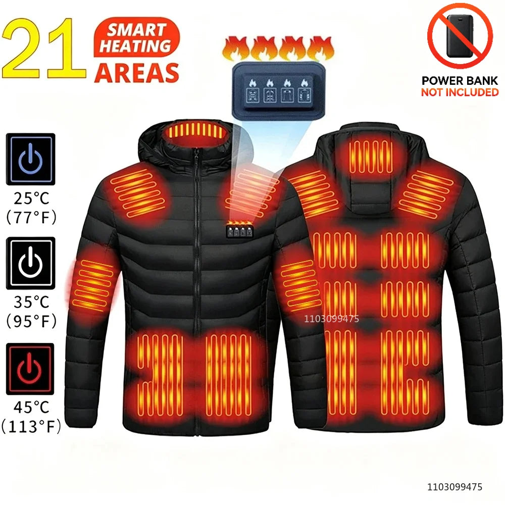 Black LEOSOXS heated jacket with 21 zones for men and women, featuring thermal insulation and USB heating for winter outdoor wear.