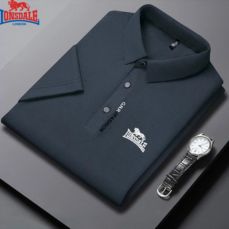Lonsdale men's summer polo shirt with short sleeves, embroidered design, breathable fabric, in light color.
