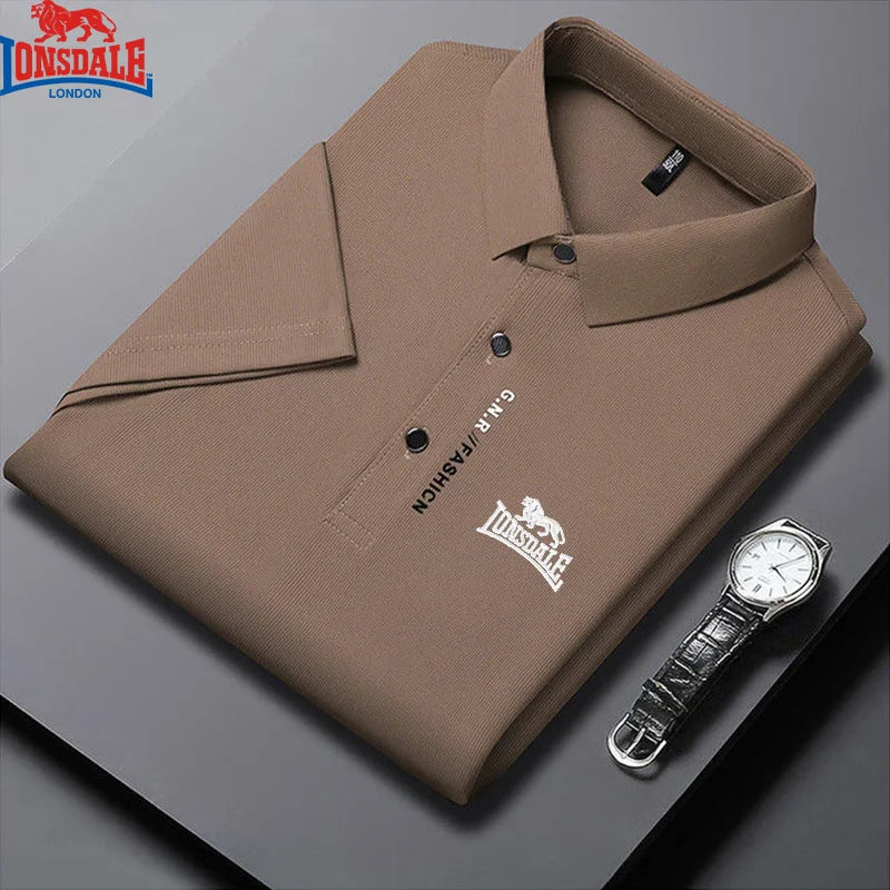 Lonsdale men's summer polo shirt with short sleeves, embroidered logo, lightweight, breathable cotton fabric.