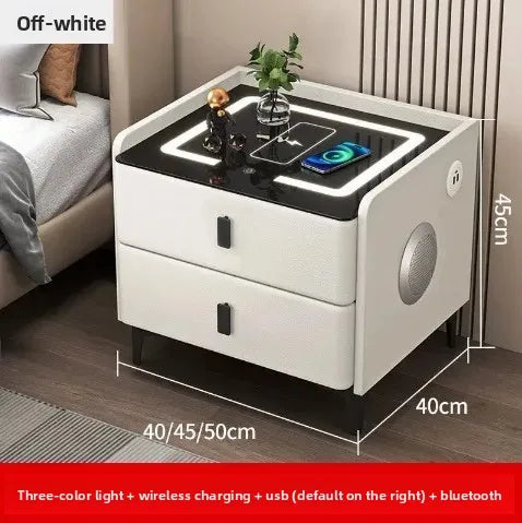 Light grey LUMIERE HOME smart nightstand with wireless charging, combination lock, and storage drawer for bedroom furniture.