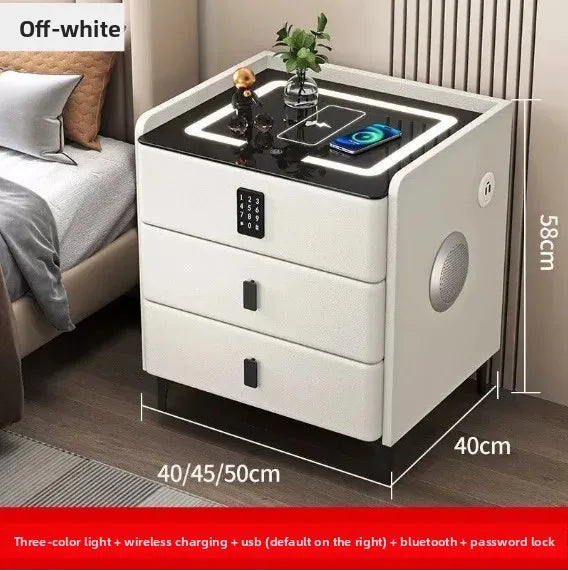 Light grey LUMIERE HOME smart nightstand with wireless charging pad and combination lock, 50cm bedside table for bedroom.