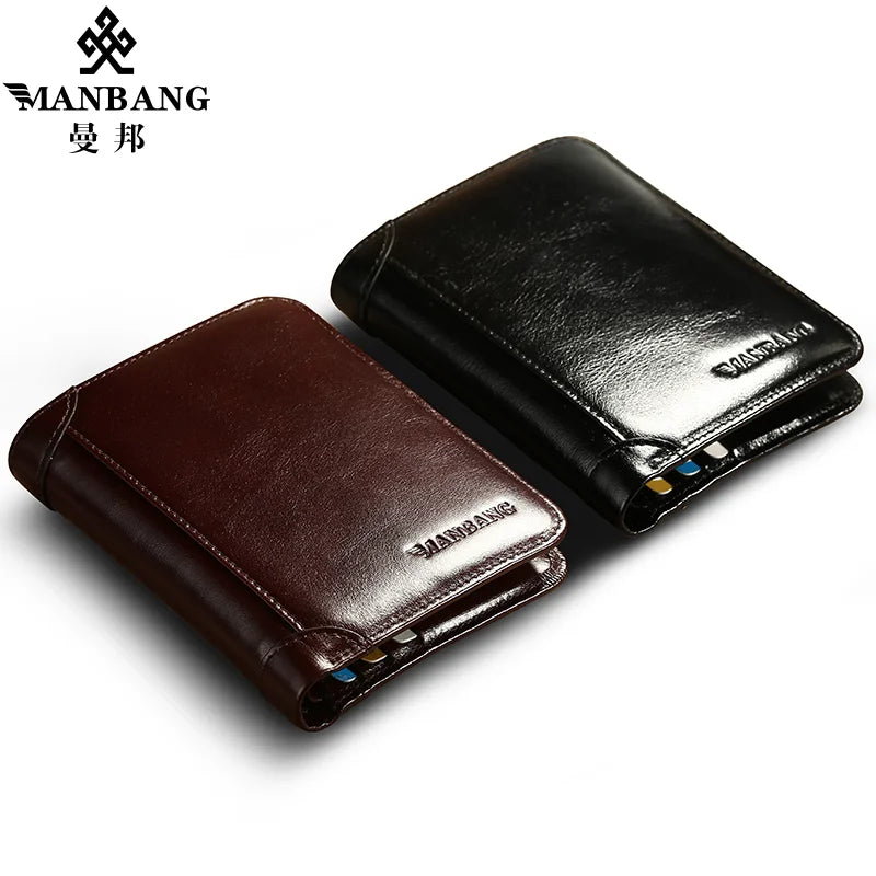 ManBang genuine leather men's wallet with card slots, classic short design, stylish accessory for men.