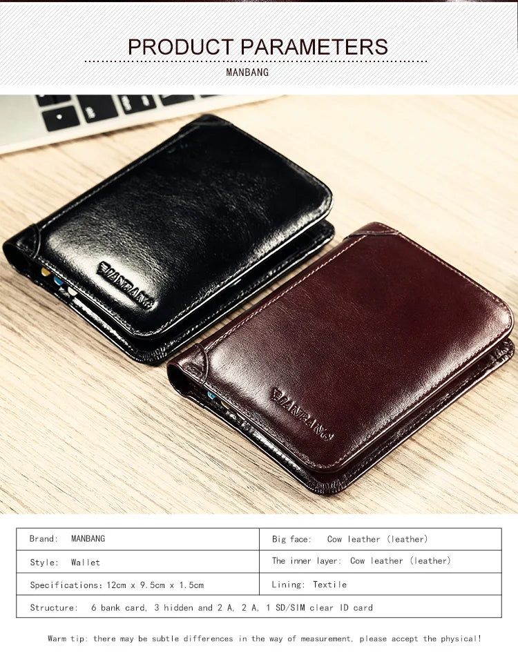 ManBang genuine leather men's wallet, classic short card holder with multiple card slots, in coffee brown leather.