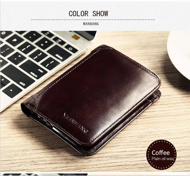 ManBang genuine leather men's wallet with multiple card slots, classic short design, in coffee color, for stylish everyday use.