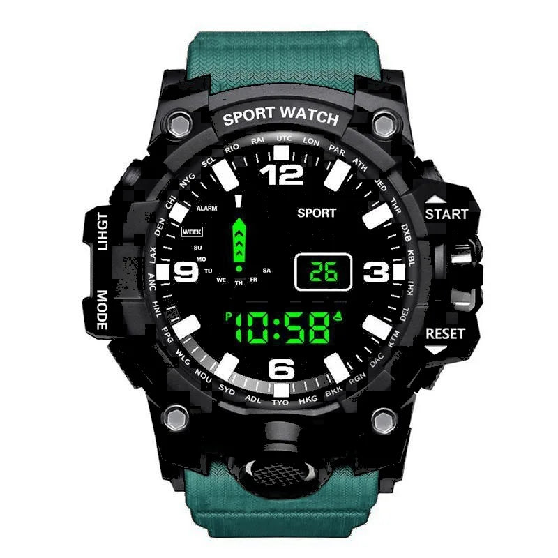 Digital sports watch by MAYZHISU for men with a large round face, multifunctional display, and waterproof design.