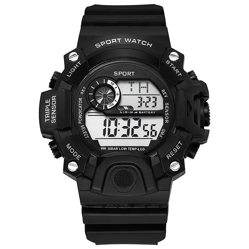 Digital sports watch for men by MAYZHISU with large face, multifunctional display, and water-resistant design.