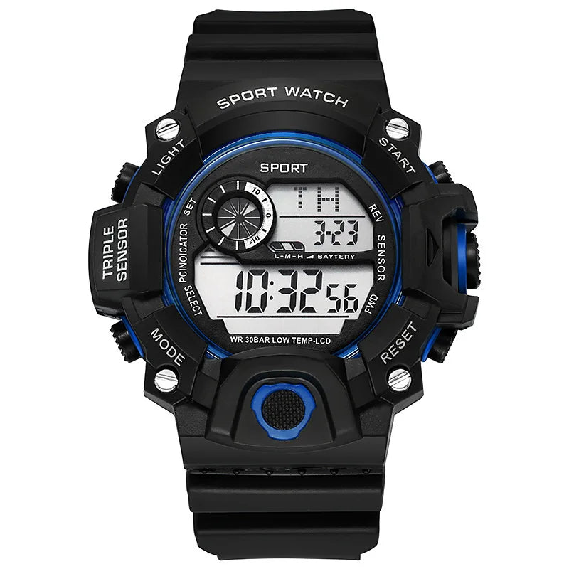 Digital sports watch for men by MAYZHISU with large face, multifunctional display, and water-resistant design.