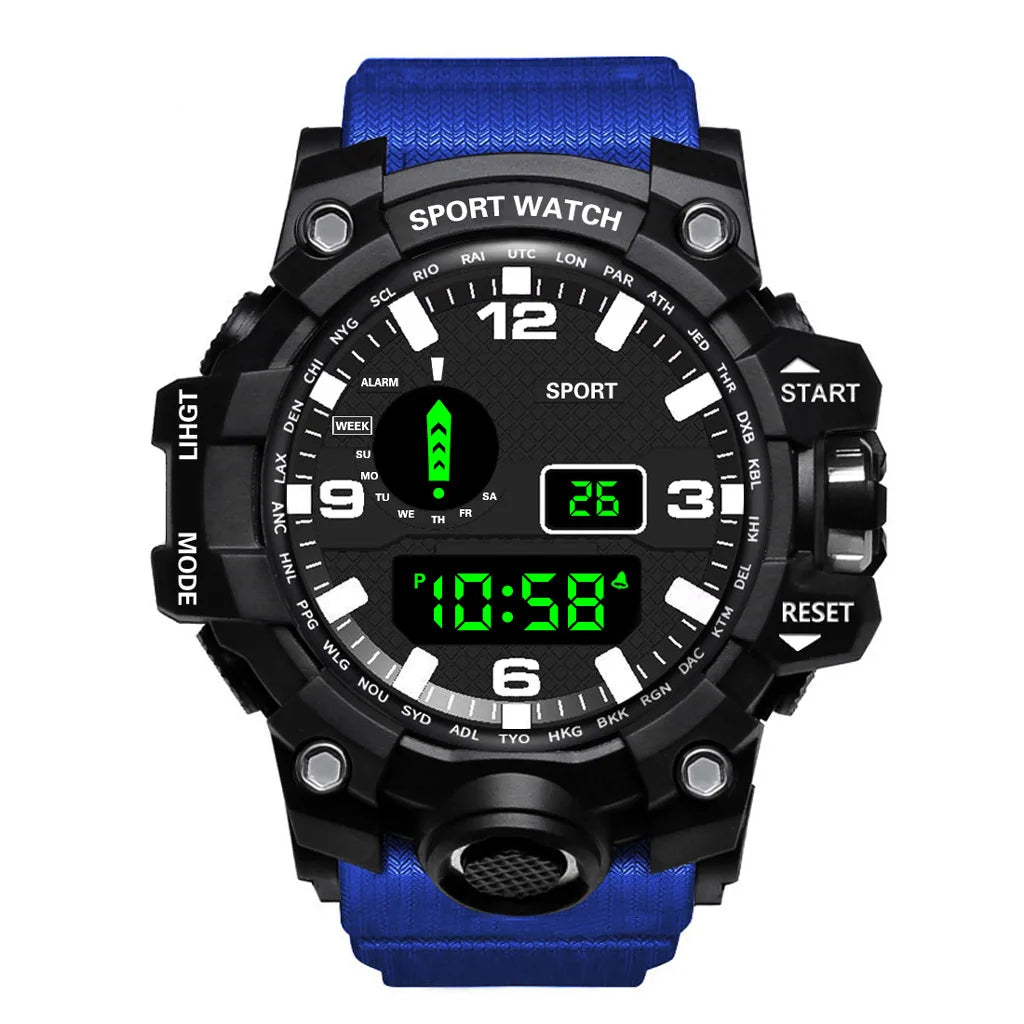 Digital sports watch for men by MAYZHISU with large face, multifunctional display, and water-resistant design.