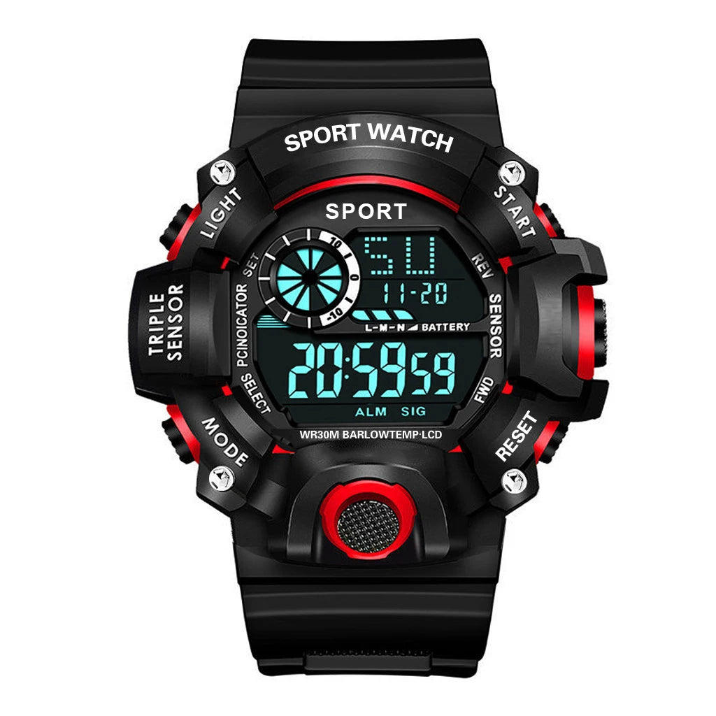 Digital sports watch for men by MAYZHISU with large face, multifunctional display, and water-resistant design.