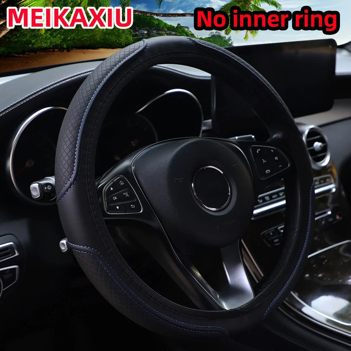 Black PU leather steering wheel cover with textured design, fits 14.5-15 inch cars, anti-slip MEIKAXIU accessory for vehicle interior.