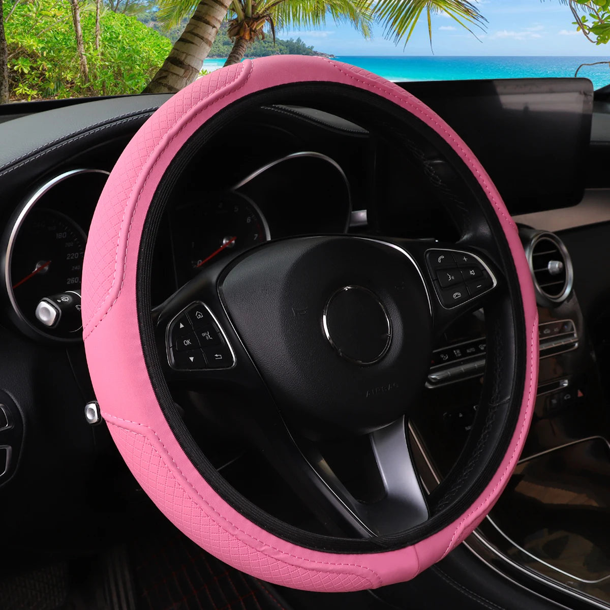 Black PU leather steering wheel cover with textured relief for 14.5-15 inch cars, anti-slip, universal fit, by MEIKAXIU.