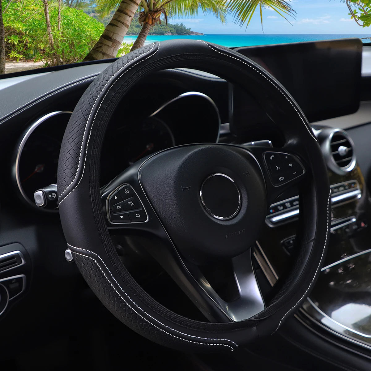 Black PU leather steering wheel cover with textured grip for 14.5-15 inch cars, universal fit, anti-slip design by MEIKAXIU.