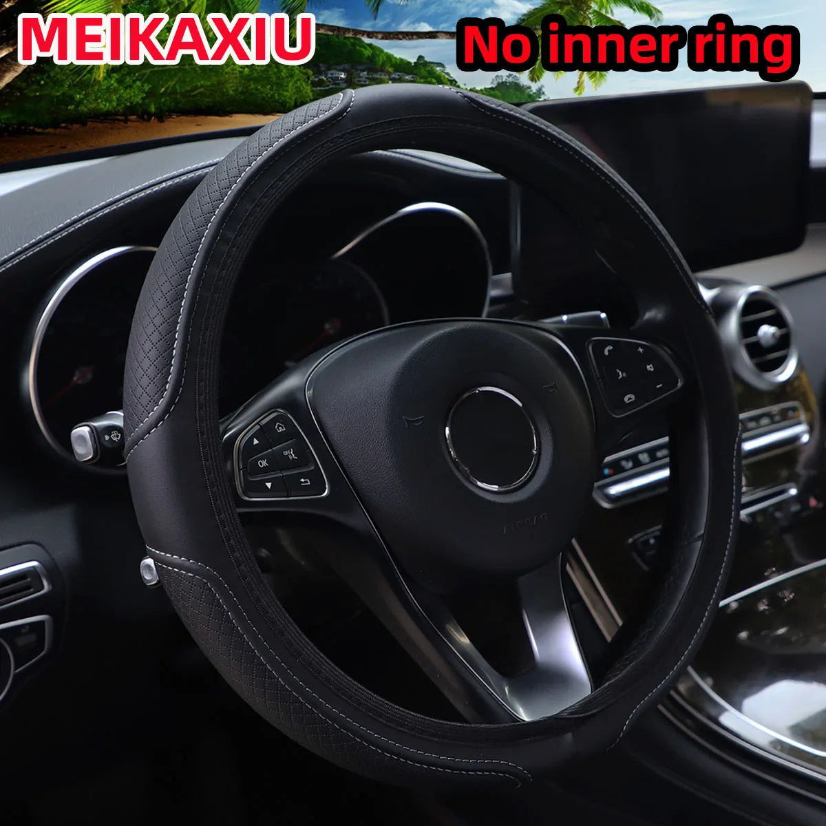 Black PU leather steering wheel cover with textured relief for 14.5-15 inch wheels, universal fit, anti-slip design by MEIKAXIU.
